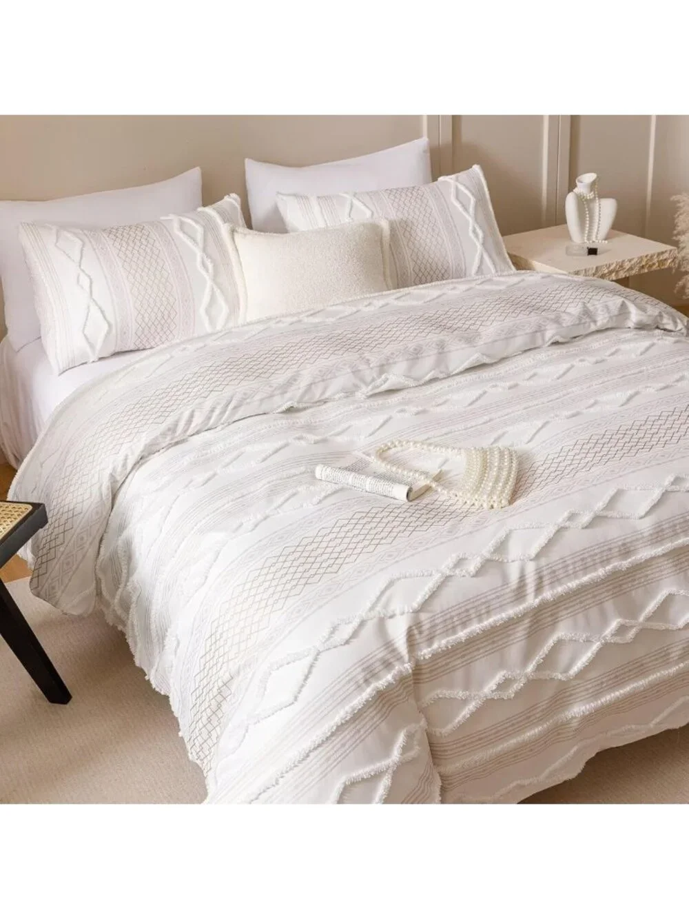 Queen White Boho Comforter Set - Soft Tufted Bedding, Rustic Chic 3PCS Quilt